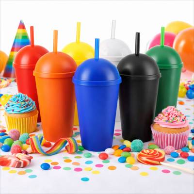 Copo Plástico com Tampa Bola e Canudo 450ml