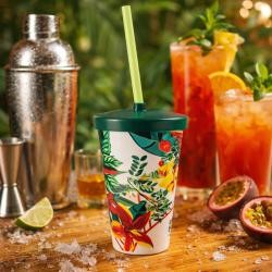 Copo Plástico In Mold Label 450ml Com Tampa e Canudo Personalizado
