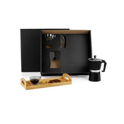 Kit Café 6 Peças com Cafeteira Italiana, Xícaras e Bandeja de Bambu Personalizado