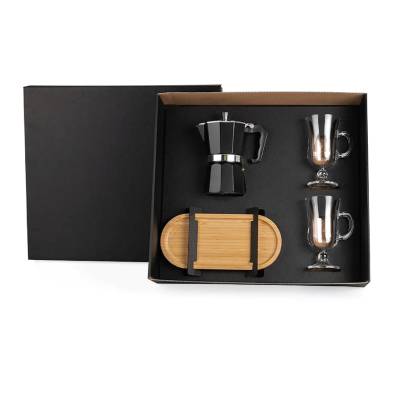 Kit Café com Cafeteira Italiana, Bandeja de Bambu e Canecas de Vidro Personalizado