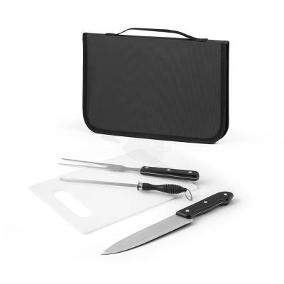 Kit Churrasco 4 Peças com Estojo de Nylon, Tábua e Utensílios de Aço Inox Personalizado