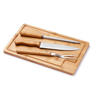 Kit Churrasco 4 Peças em Fibra de Bambu com Tábua, Garfo, Faca e Chaira Personalizado