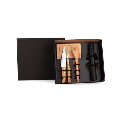 Kit Churrasco 5 Peças em Bambu com Tábua, Faca, Garfo e Esteira Grill Personalizado