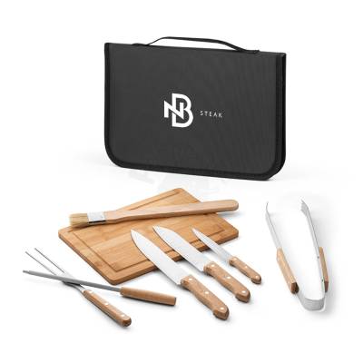 Kit Churrasco 8 Peças com Estojo e Tábua de Bambu Personalizado