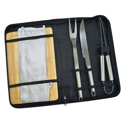 Kit Churrasco com Faca, Garfo, Pegador, Tábua e Avental Personalizado
