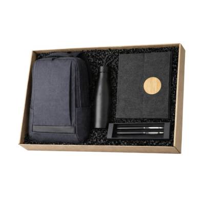 Kit Escritório 4 Peças com Mochila, Garrafa Térmica, Caderno e Estojo com Canetas Metálicas Personalizado