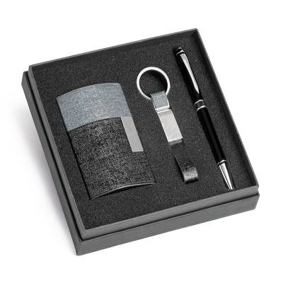 Kit Executivo com Porta-Cartão, Chaveiro e Caneta Touch Personalizado