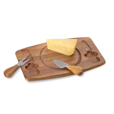 Kit Queijo 3 Peças com Tábua de Madeira, Faca e Garfo Personalizado