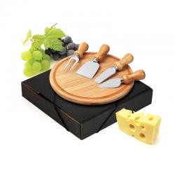 Kit Queijo 5 Peças Com Tábua Redonda de Bambu e Acessórios Em Aço Inox Personalizado