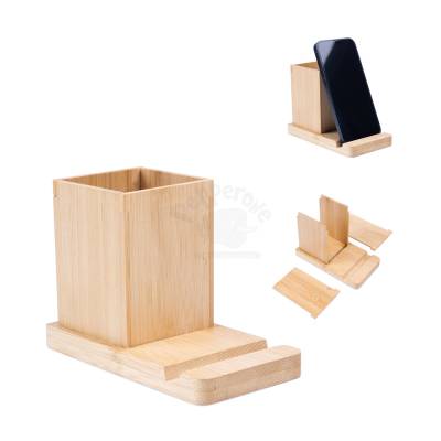 Organizador de Mesa em Bambu com Suporte para Celular e Porta-Canetas Personalizado