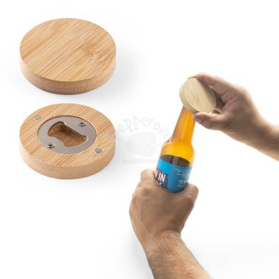 Porta Copos em Bambu com Abridor de Garrafas e Ímã Personalizado